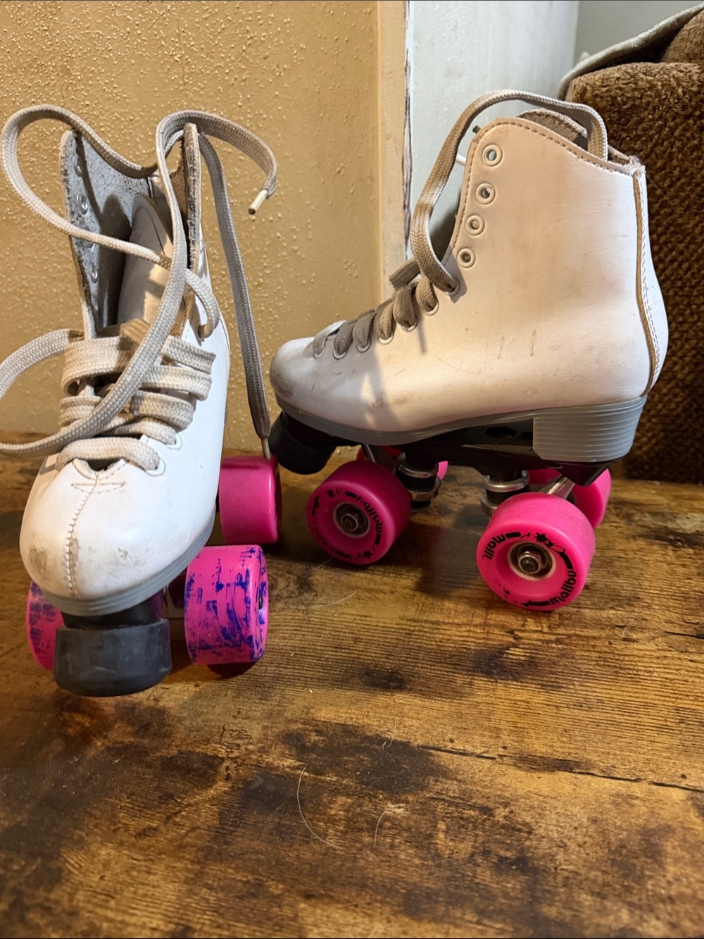 Kids White Roller Skates with Bright Pink Wheels